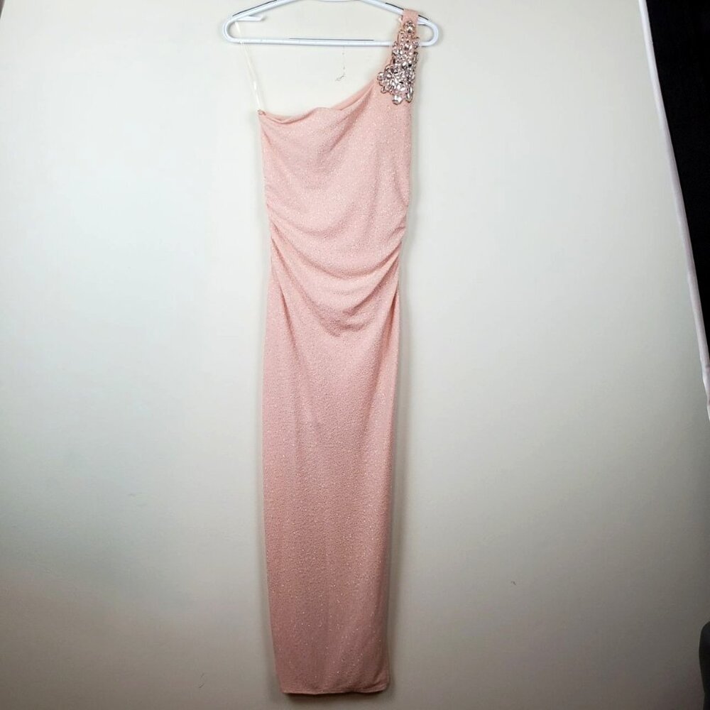 Emerald Sundae Dress Size M Cinched Side One Shoulder Baby Pink Sparkle Applique